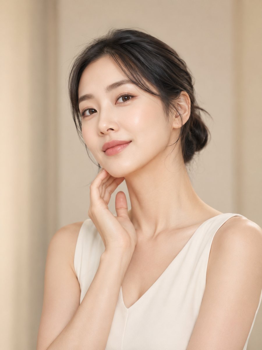 턱선을 따라 피부를 만지는 여성